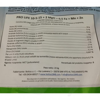 Pro Life Bottos - 20 Kg Concime antistress per prato ricco di potassio con sostanza organica e zeolite Concimi per prato